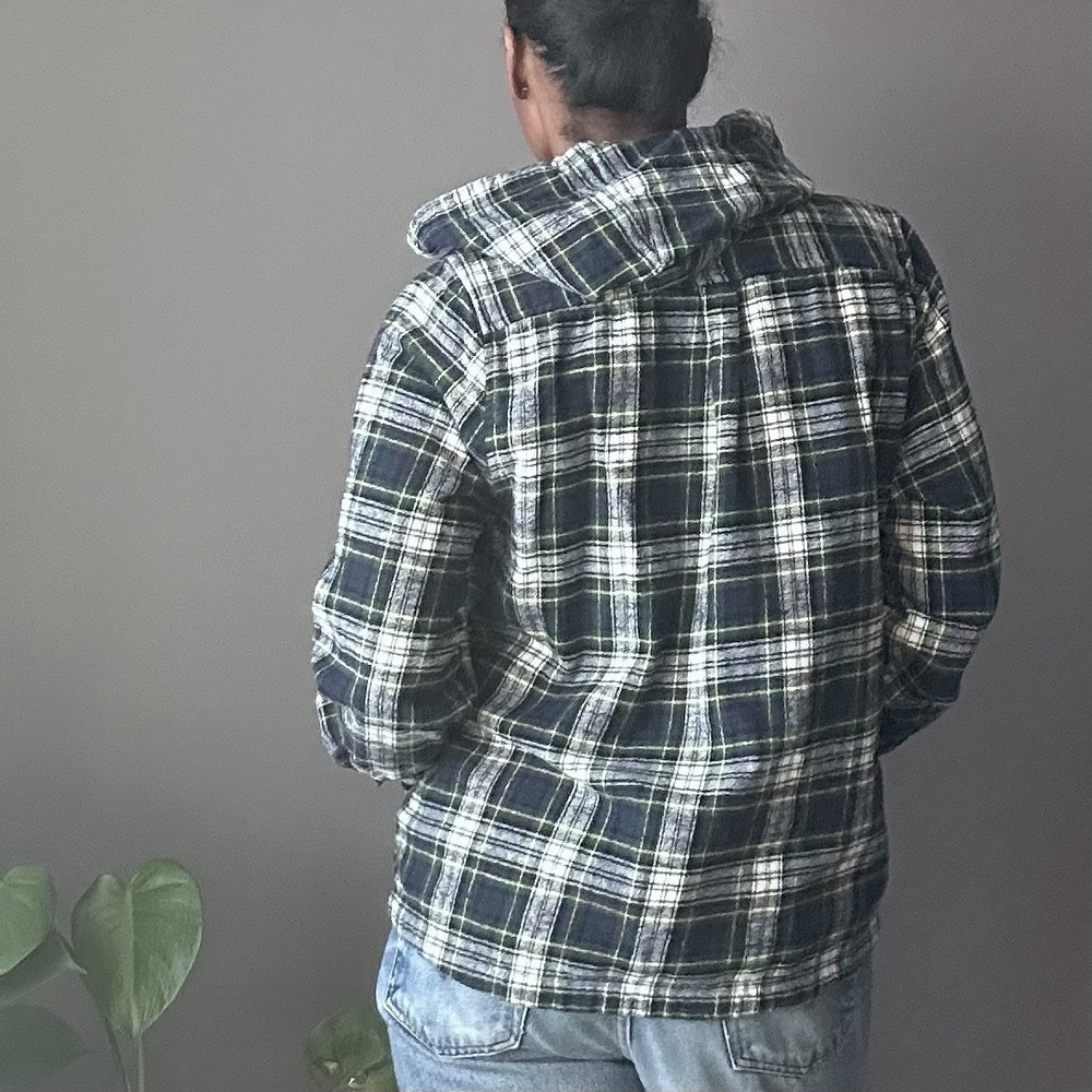 44° North Hooded Shacket Jacket Women's Large Full Zip Cotton Flannel Blue Plaid - Picture 3 of 12